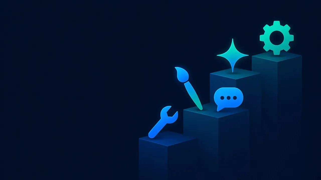Glowing blue and teal tool icons, a wrench, paintbrush, chat bubble, sparkle and gear, rising up ascending podium steps on a dark navy background.