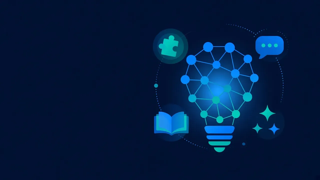 Friendly illustration of a glowing lightbulb made of connected network nodes, circled by simple icons of a puzzle piece, speech bubble, open book and sparkles, on a dark navy background.